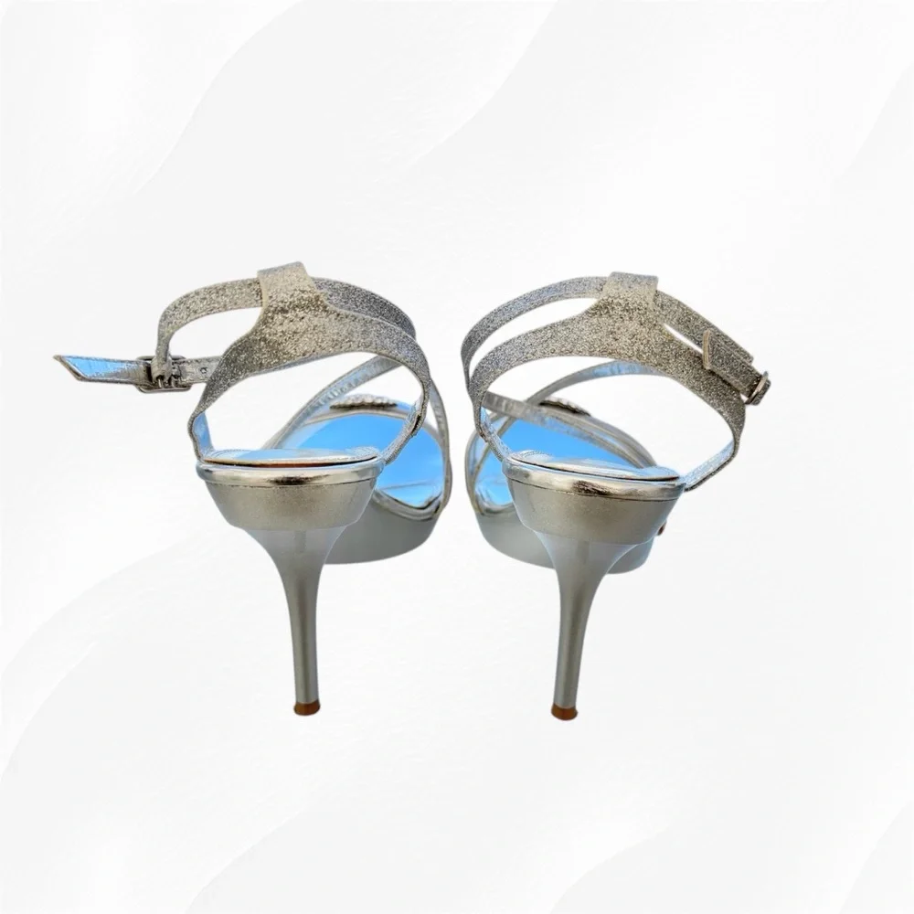 Bakers Skye Silver Glitter Rhinestone Bling Strappy Stiletto High Heel Shoes 10M - Picture 6 of 9